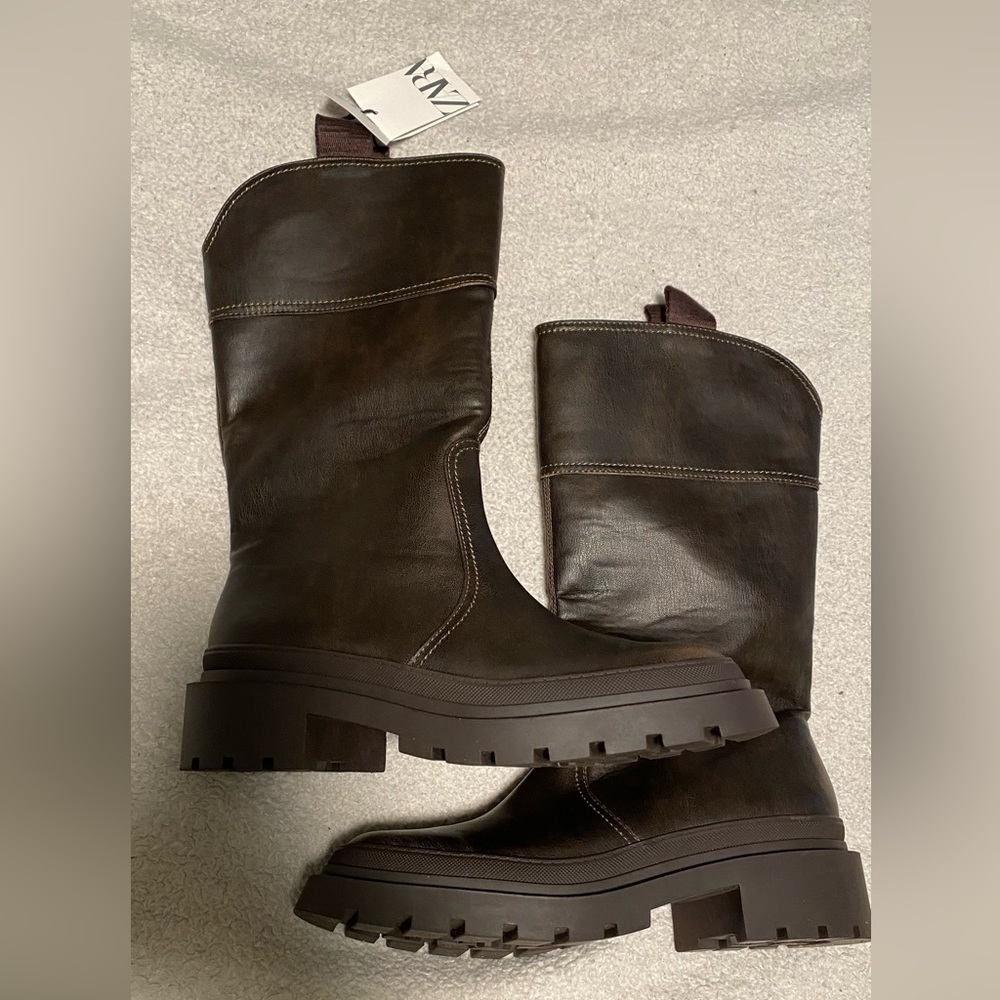 Zara Dark Brown Leather Chunky Lug Sole Ankle Boots